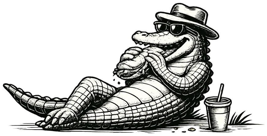 The GIGIS alligator stretched out with a Cubano and a cold drink