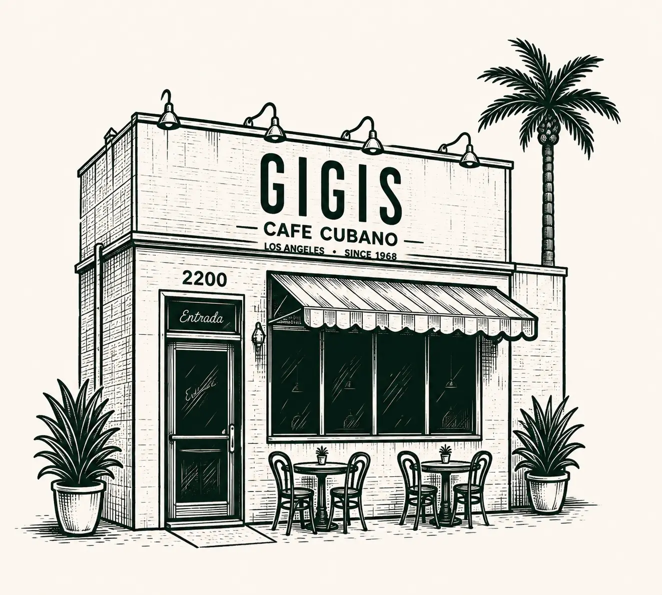 Hand-drawn illustration of the GIGIS Cafe Cubano storefront at 2200 Temple Street